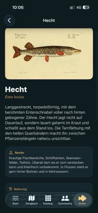 Artenlexikon-Eintrag zum Hecht in der LYNE App