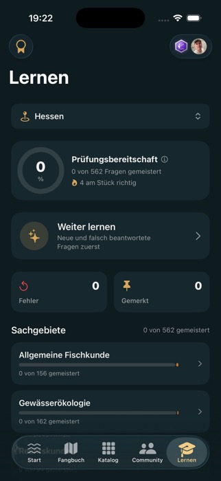 Lernmodus mit Prüfungsbereitschaft für die Fischereiprüfung in der LYNE App